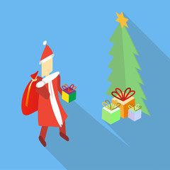 Isometric vector Santa Claus bringing the present