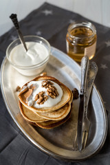 Sour cream pancakes with peanut butter