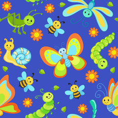 Naklejka na ściany i meble Cute seamless patterns with cartoon happy insects.