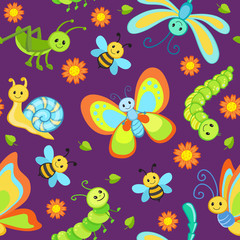Fototapeta na wymiar Cute seamless patterns with cartoon happy insects.