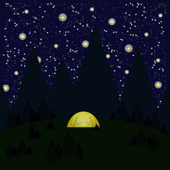 Naklejka premium Night, mountains, trees, forest, tent glows yellow, gray shadows of woman and the men in the tent, starry night sky. Travel, climbing, hiking, backpacking, romantic, healthy lifestyle, sport, vector