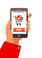mobile payment concept in flat style - human hand holding mobile phone with shopping cart and pay button on the screen