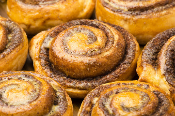Homemade cinnamon buns as background.