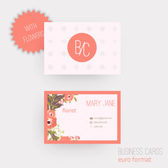 Vector floral horizontal business cards. Complied with the euro standard sizes.