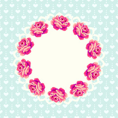 Shabby chic floral wreath. Vintage roses greeting card.