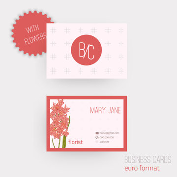 Vector floral horizontal business cards. Complied with the euro standard sizes.