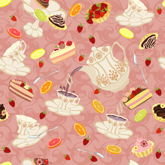 Pattern with flying tea cups, fruits and sweets.
