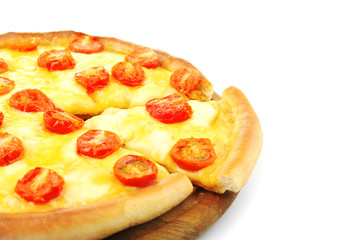 Pizza Margherita and removed slice, isolated on white