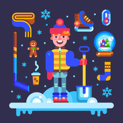 Set of winter attributes for fun and holidays: guy character with shovel, hockey skates and stick, scarf, xmas glass ball, gingerbread man, thermometer, snowflakes. Vector flat illustration an icons.