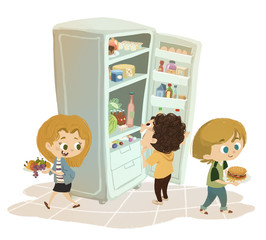 niños cogiendo comida de la nevera