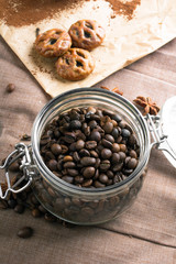 Closeup of a coffee beans in transparent jar