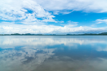 Reflex picture of sea and blue Sky at  Mangrove forest in Kung Krabaen Bay Chathaburi Province, Thailand
