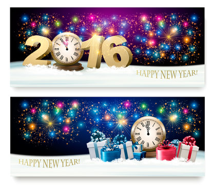 Happy New Year banners with presents and fireworks. Vector.
