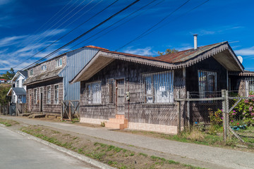 View of houses lining streets of Achao village, Quinchao island, Chile