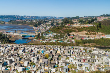 Obraz premium Aerial view of a cemetery in Castro, Chiloe island, Chile