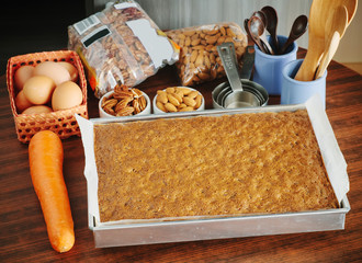 Home baked carrot cake on table.