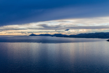 Sunset over Titicaca lake, behind Isla del Sol, Bolivia