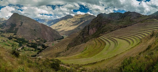 Inca agricultural terraces in Pisac, Sacred Valley, Peru