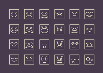 Square emoji set on dark background, simple emoticons outline collection, vector eps10 illustration
