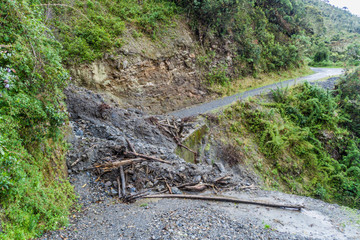 Landslide on th access road to National Park Podocarpus in southern Ecuador