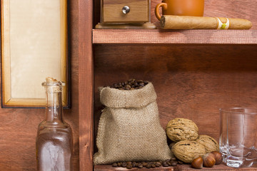 Fototapeta na wymiar Shelf with coffee beans in the bag