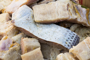 Closeup and focus on a portion of preserved salted fish
