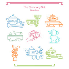 Tea ceremony linear icons, symbols