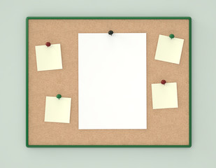 Cork board with blank sheets of paper