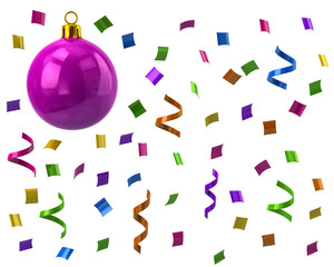 Colorful confetti and purple Christmas ball