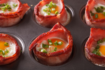 from the oven eggs wrapped in bacon close up in baking dish. Horizontal
