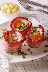 Fried eggs wrapped in bacon on a plate and sauce. vertical
