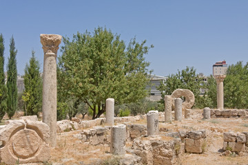 Ruins of ancient basilica on Shepherds Fields in Beit Sahour a Palestinian town east of Bethlehem,...