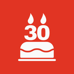 The birthday cake with candles in the form of number 30 icon. Birthday symbol. Flat