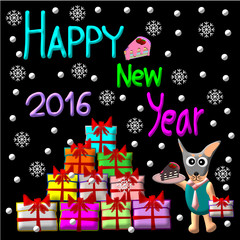 Fototapeta na wymiar Greeting Card Design, Happy New Year 2016, Happy New Year Card, Dog Cake and Gift illustration