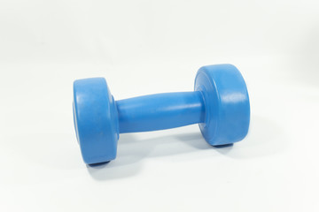 blue plastic coated dumbbell isolated on white background