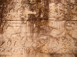 Details of stone carvings at Bayon Temple , Angkor Wat, Cambodia