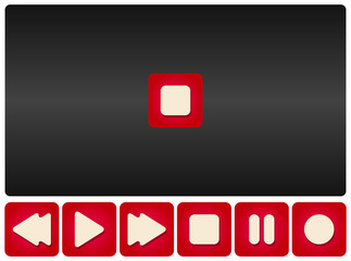 vector video player symbol with red and white buttons, rewind, play, forward, stop, pause, record icons isolated