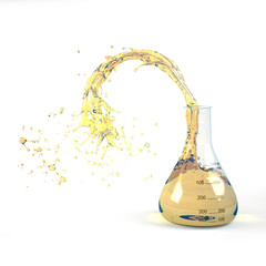 Laboratory glassware with splashing yellow liquid
