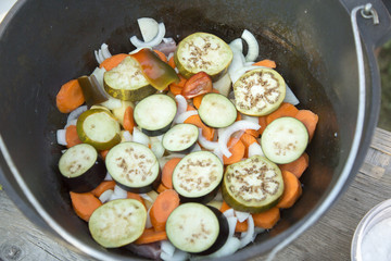 Fresh vegetables for lunch in a metal bowl