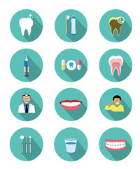 Modern flat dental icons set with long shadow effect