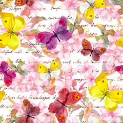 Flowers, butterflies and hand written text letter. Watercolor. Seamless pattern