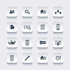 16 finance, costs, tax rounded square icons, vector illustration