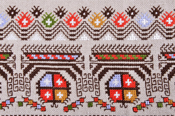 Bulgarian hand embroidery texture in old style with silk thread