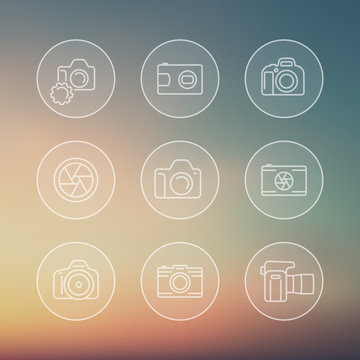 camera line icons, dslr, aperture, transparent round icons, vector illustration