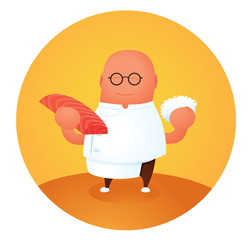 happy master sushi chef with fresh salmon and rice