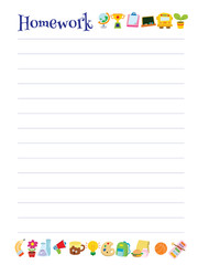 Lined homework template with school supplies on the top and bottom
