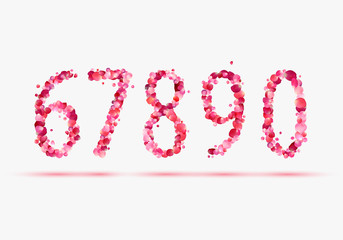 Pink rose petals numeral figures. 6, 7, 8, 9, 0