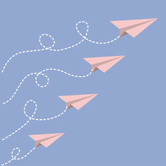 Origami paper plane set . Dash line loop in the sky. Love card. Flat design. Serenity, pink rose quartz color.