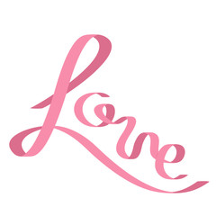 Obraz premium Pink satin ribbon in shape of word Love. Flat design. White background. Isolated.