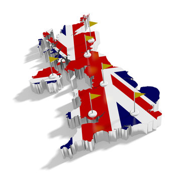United Kingdom map with flags on the flagpoles showing the major cities.